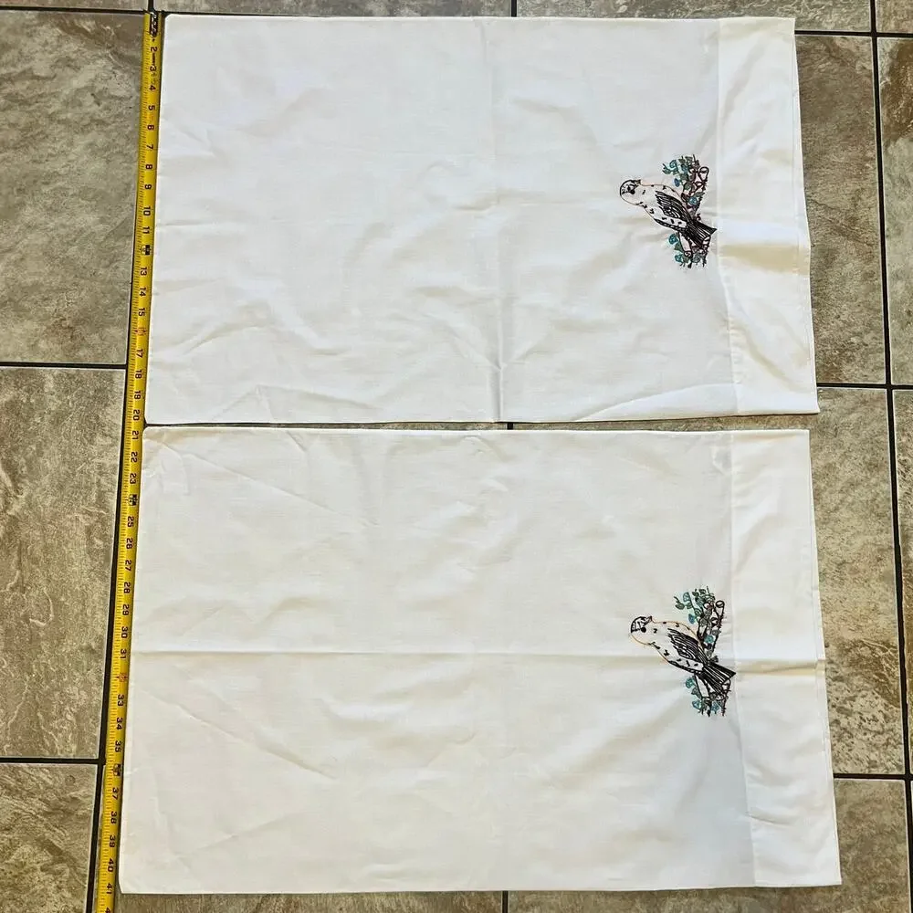Vintage Pillowcases Pair Embroidered Bird Branch Kmart Kresge 1970s Decor
